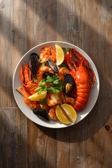 Sea food plate on wooden background