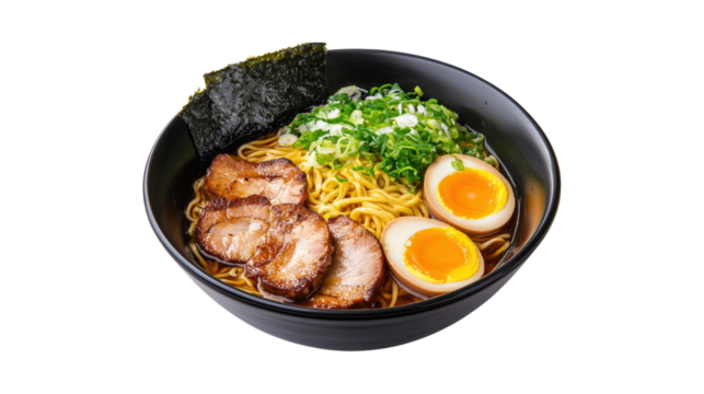 Ramen bowl with pork and egg isolated on a transparent background