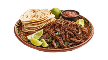 Shredded Beef with Tortillas Lime and Salsa isolated on a transparent background
