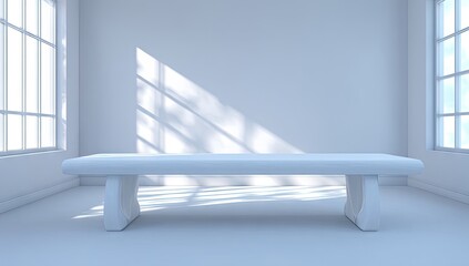 Minimalist room with bench and sunlight streaming through windows.