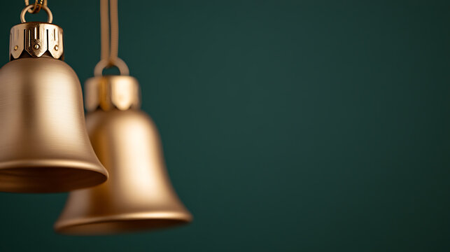 Elegant golden bells hang against a deep green backdrop, exuding festive charm and a touch of classic holiday spirit. Perfect for seasonal greetings and decor.