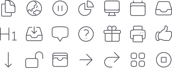 Editable stroke icons set collection of outline iconss including file earth pause chart computer download gift printer and arrow iconss vector iconss set, thin linear icons set illustration.