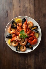 Sea food plate on wooden background