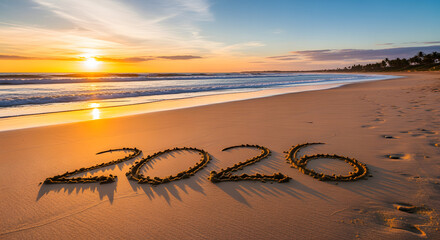 Beach sunset with year written in sand travel destination vacation vibes on transparent background