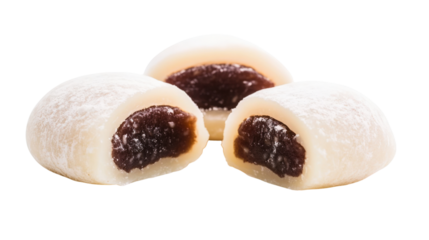 Three Mochi Pastries with Red Bean Filling isolated on a transparent background