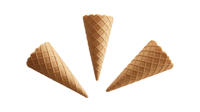 Three empty waffle ice cream cones isolated on a transparent background