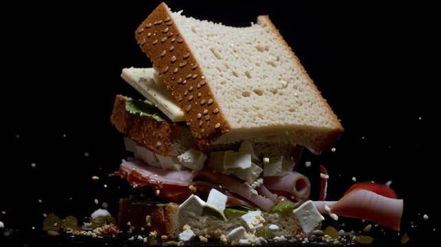 Creative culinary stack unique sandwich art displayed in dark studio environment captivating visuals for food enthusiasts