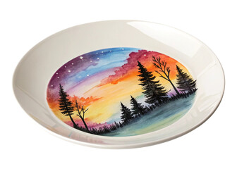 Artistic Round Plate Featuring Mountain and Pine Tree Scene – Hand-Painted Style