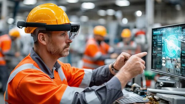 Engineer in Advanced Factory: A focused engineer, equipped with a smart helmet, interacts with a digital display within a high-tech factory setting.