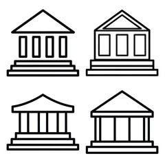 bank outline simple icon set, black color and white background
