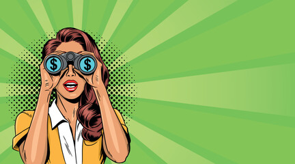 Pop art illustration of a beautiful and strong woman who sees something through binoculars. Colorful vector background in retro comic style. © дима селиванов