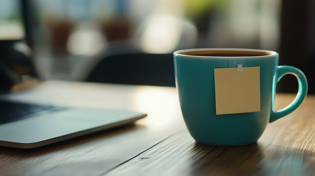 A teal coffee mug sits beside a laptop on a wooden desk with a sticky note attached. Morning vibes, work from home scene, cozy workspace, focus on caffeine and productivity. - Powered by Adobe