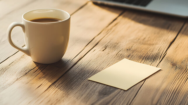 Serene workspace: A comforting mug of coffee sits beside a notepad on a rustic wooden desk, with a laptop partially visible, bathed in gentle sunlight. #CoffeeBreak #Workspace