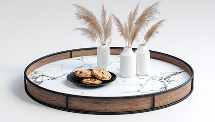 Round tray with marble, cookies, and dried grasses.
