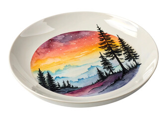 Artistic Round Plate Featuring Mountain and Pine Tree Scene – Hand-Painted Style