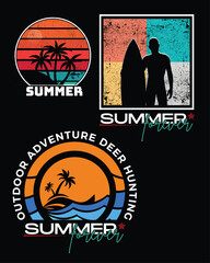 Summer beach and surf graphic designs with palm trees and sunset