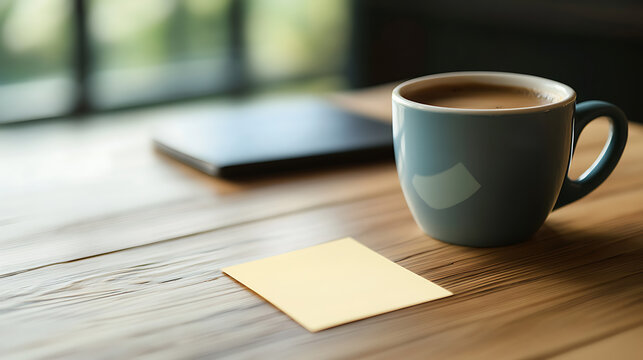 A calming scene with coffee, notepad, and mobile, creating a peaceful workspace ambiance. Enjoy the blend of productivity and relaxation on the desk surface.