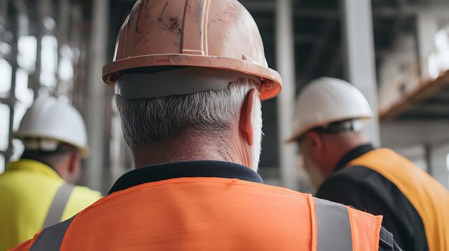 Construction crew wearing safety vests and hard hats on a construction site, showcasing teamwork and skilled labor in building infrastructure, safety measures.