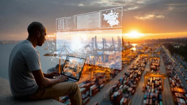 Digital Logistics: A silhouette of an individual, engrossed in logistics operations via a laptop, overlooking a vast port filled with shipping containers as the sun sets in the background.
