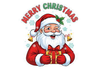 Merry christmas santa claus holding gift box cartoon vector illustration on transparent background