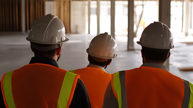 Three construction workers in hard hats and vests stand inside a building under construction. They are possibly inspecting the work done as they are looking out at the space. - Powered by Adobe