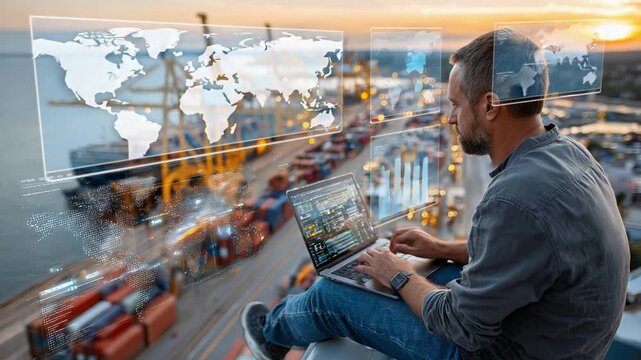 Global Logistics and Technology: A professional, atop an industrial setting, meticulously monitors a laptop.