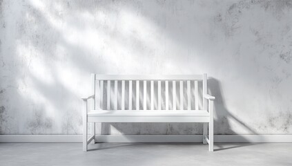A white wooden bench sits against a textured concrete wall with dappled light.