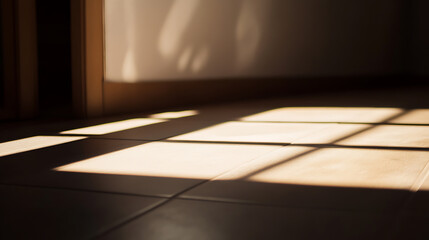 Golden sunlight streams through an unseen window, casting bold rectangular shadows on the tiled floor. Warm illumination enhances the textured surface in a quiet space.