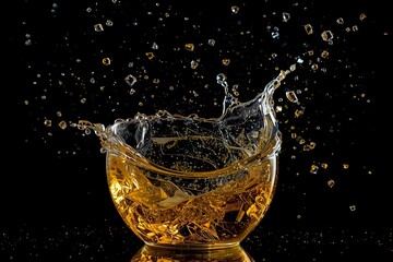 Glass bowl with splash liquid and flying glass shards.