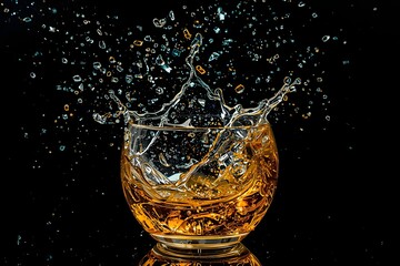 Glass bowl with splash liquid and flying glass shards.