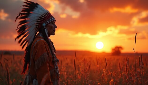 Native american chief stands in field during sunset. Tribal leader in traditional headdress looks into distance. Indigenous man shows heritage, culture against warm sun landscape. Majestic warrior