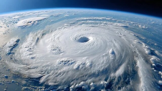Eye of the Storm: Captivating view from above of a powerful hurricane, a mesmerizing dance of nature's forces, with swirling clouds forming a dramatic vortex over the ocean.