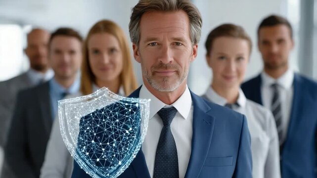 Corporate Shield: Confident professional holding a shield, flanked by his supportive team, a visual testament to corporate protection, symbolizing security and robust defense.