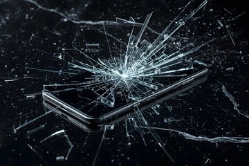 Broken smartphone screen is exploding with glass shards flying everywhere.