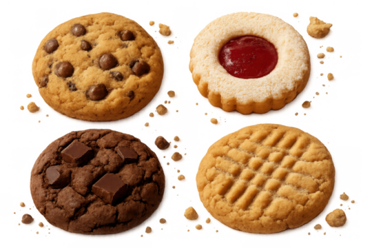 Assorted cookies falling with crumbs on transparent background, including chocolate chip, double chocolate, peanut butter, and jam-filled shortbread