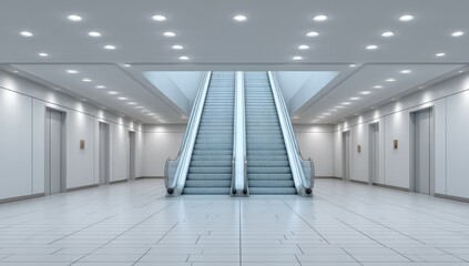 Modern building interior features escalators and elevators.