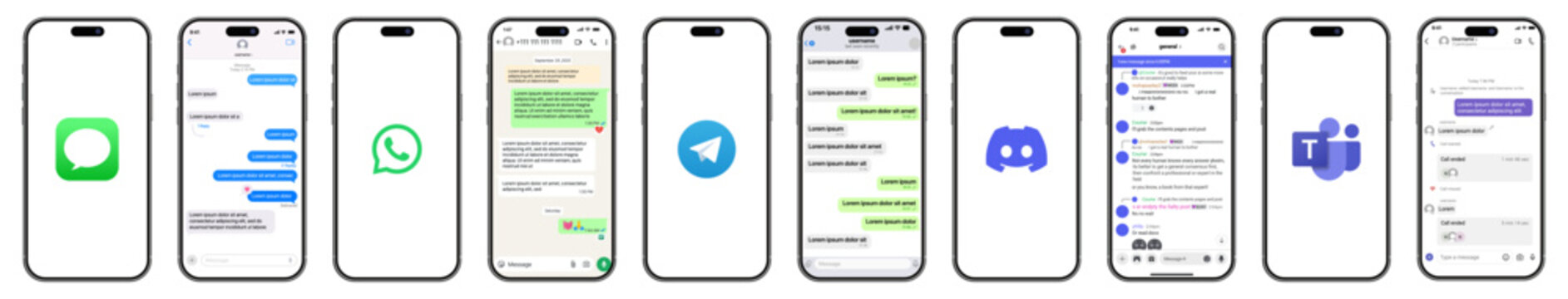 Messaging App Mockup on iPhone &ndash; iMessage, WhatsApp, Telegram, Discord, and Microsoft Teams Chat Interface UI Design.