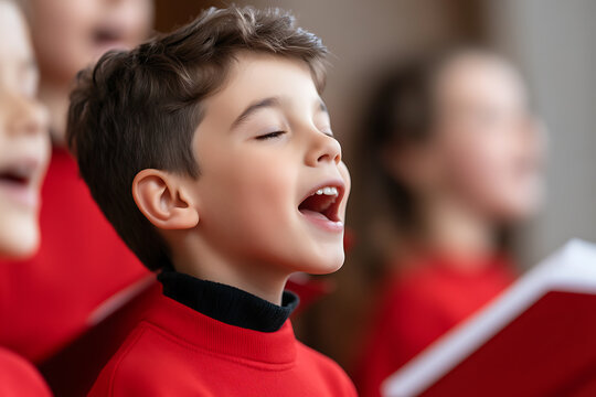 Captivating close-up of a young boy passionately singing in a choir, eyes closed and mouth wide open in joyful expression. A vibrant scene of childhood harmony and festive celebration.