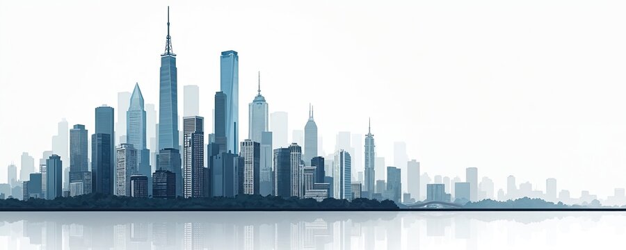Blue city skyline illustration with skyscrapers on white. Modern urban cityscape with business buildings. Design element for construction company promo. Metropolis architecture reflects on water
