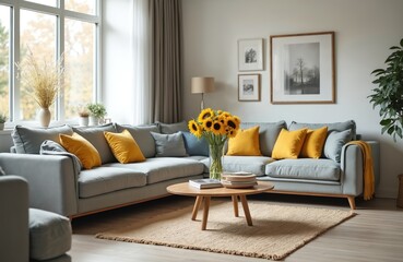 Fototapeta premium Light living room interior with grey sofa and yellow pillows. Sunflowers in vase on coffee table. Modern decor and plants in background. Comfortable furniture and natural light.