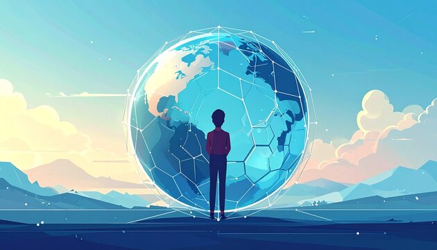 Simple flat art of a transparent globe made of hexagons with a central user avatar. Emphasizing decentralized global reach