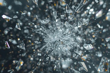 Glass shards flying. A bunch of glass shards and fragments flying across the air.