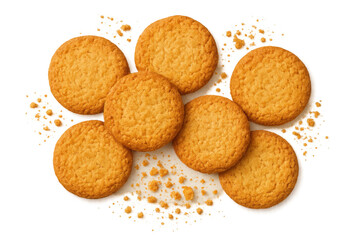 Round butter cookies with crumbs, bakery snack food for breakfast or dessert, sweet biscuits on transparent background