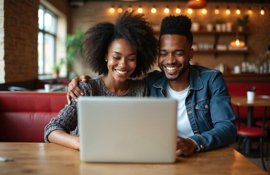 Happy young couple works on laptop in restaurant. Black man and woman smiles, embraces at the desk. They plan together. Startup owners work in a cafe for business strategy.