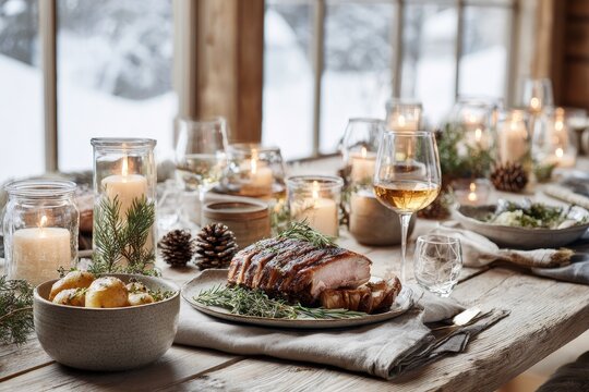 Norwegian Christmas table featuring ribbe pork ribs, sauerkraut, and festive decor, with candles and wine, creating a warm holiday atmosphere for celebration