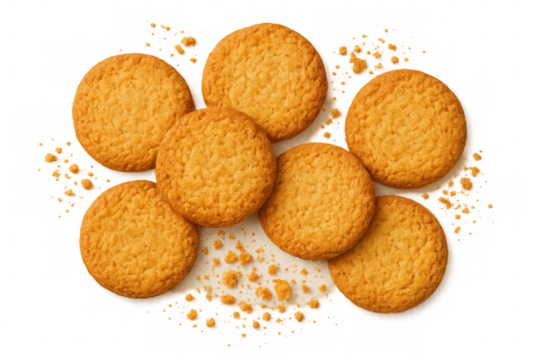 Round butter cookies with crumbs, bakery snack food for breakfast or dessert, sweet biscuits on transparent background