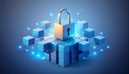 Minimalist flat design showing an open padlock over immutable blockchain blocks. Symbolizing permissionless Web3 access.