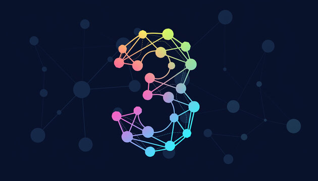 Stylized interconnected nodes forming a large '3' in a flat 2D decentralized network illustration. Vibrant modern concept