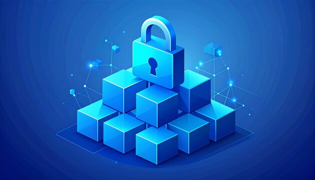 Minimalist flat design showing an open padlock over immutable blockchain blocks. Symbolizing permissionless Web3 access.