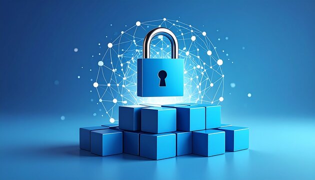 Minimalist flat design showing an open padlock over immutable blockchain blocks. Symbolizing permissionless Web3 access.